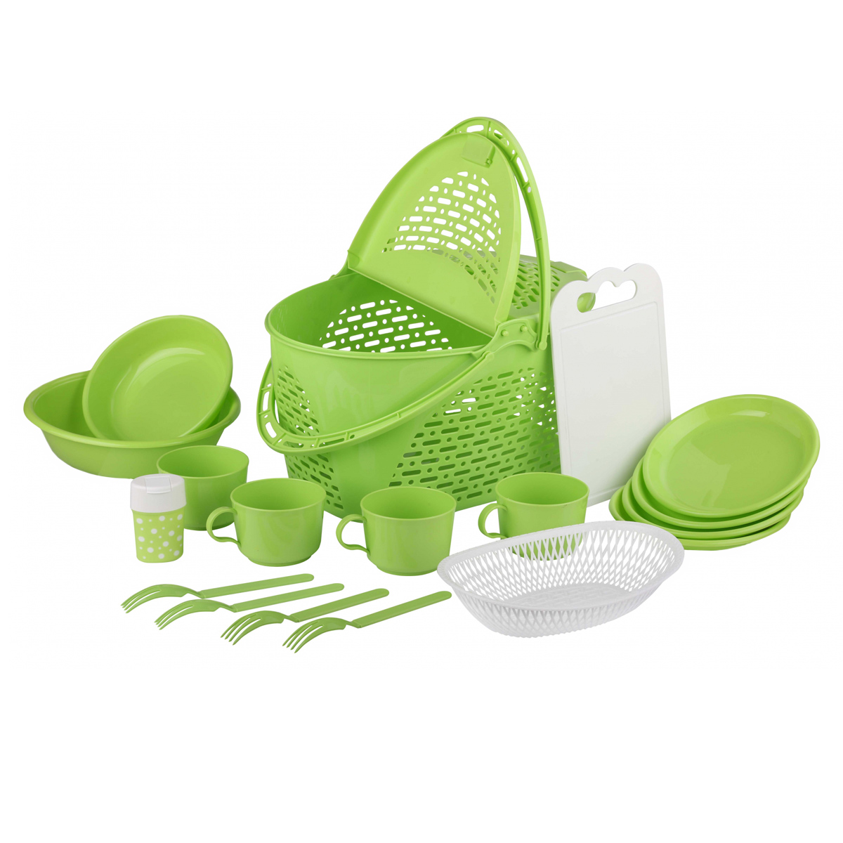 Набор посуды пластмассовой в корзине 8предметов 4персоны "Семейный отдых" М1115 Набор посуды пластмассовой в корзине 8предметов 4персоны "Семейный отдых" М1115