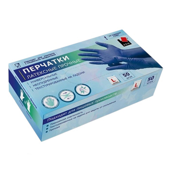 Перчатки латексные прочные L (большой) коробка 50шт (25пар) Синие HR03G  "А.Д.М." *1/10 Перчатки латексные прочные L (большой) коробка 50шт (25пар) Синие HR03G  "А.Д.М." *1/10