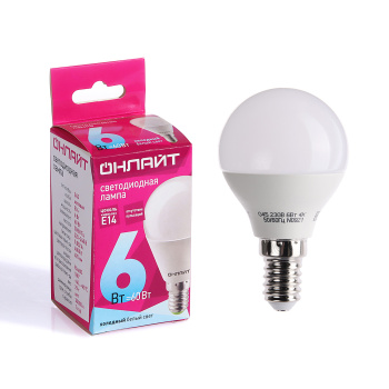Лампа светодиодная ОНЛАЙТ, Е14, шар G45, 6 Вт, 470 Лм, 4000 К, нейтральный белый