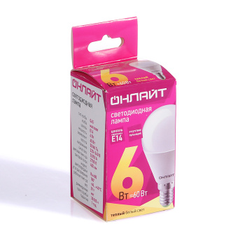 Лампа светодиодная ОНЛАЙТ, Е14, шар G45, 6 Вт, 450 Лм, 2700 К, теплый белый